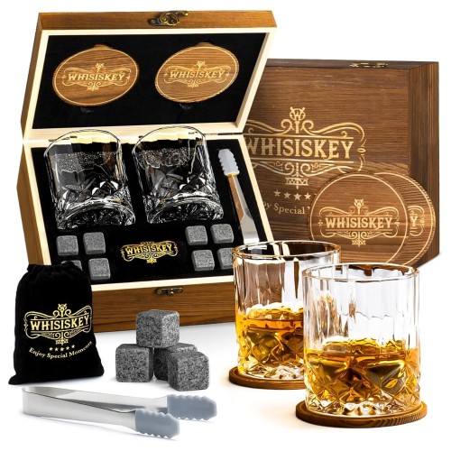 Zestaw do whisky w drewnianym pudełku: 2 kryształowe szklanki, 8 kamieni, szczypce, podkładki i woreczek