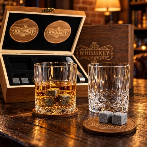 Kryształowa szklanka whisky z granitowymi kamieniami na drewnianej podkładce, w tle otwarte pudełko