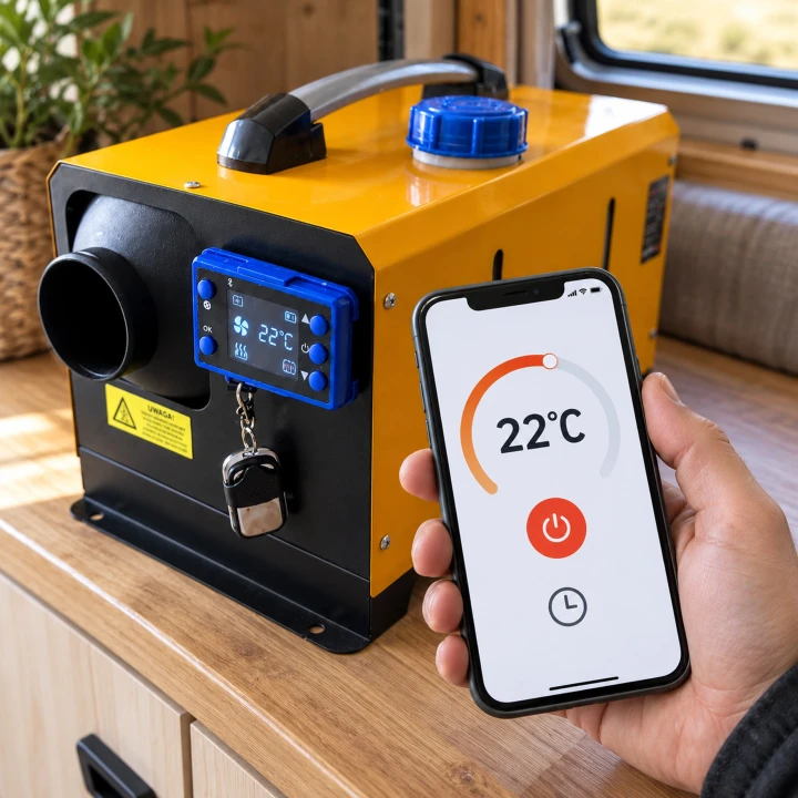 Ilustracja: dłoń z telefonem, aplikacja pokazuje 22°C, w tle nagrzewnica