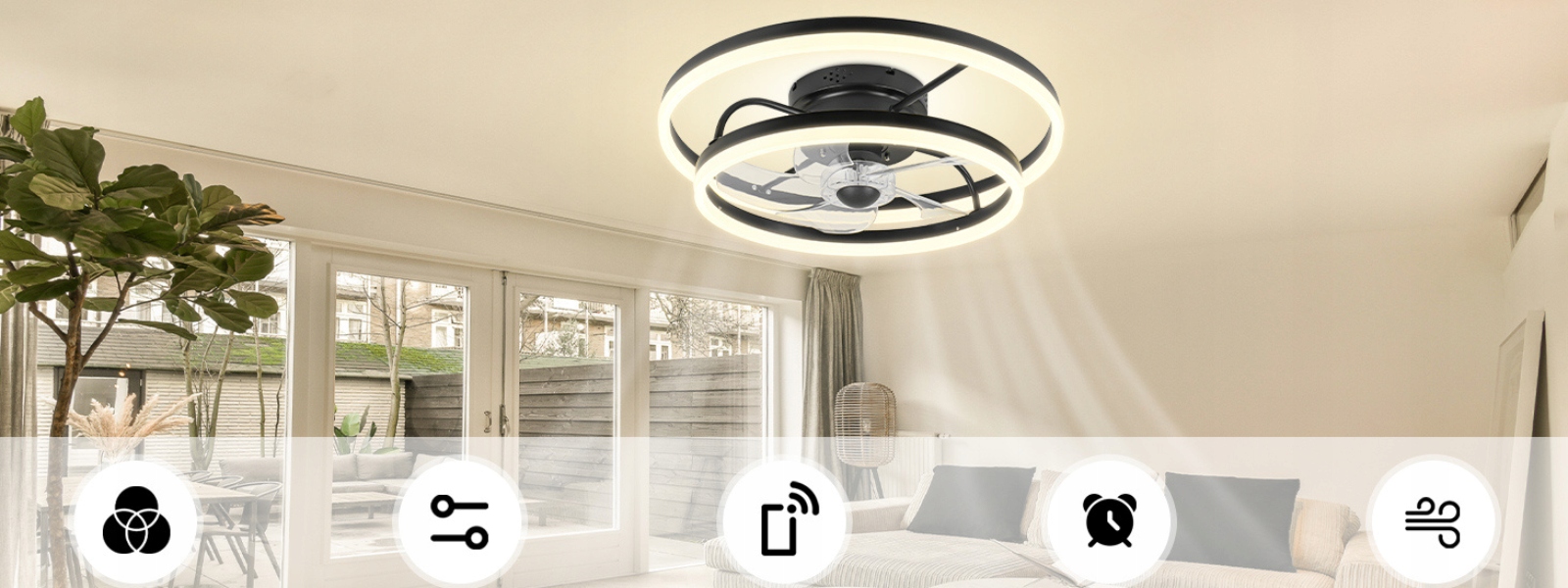 Lampa sufitowa LED okrągła z wentylatorem czarna pierścień LED